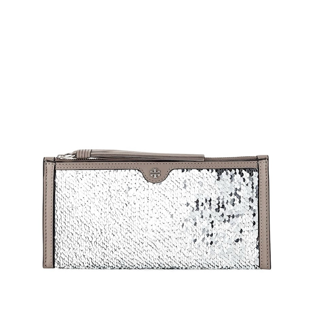Tory Burch Sequin Embellished Zip Clutch Silver | WITH TAG | RARE FIND
